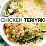 A photo of a bowl of Healthy Paleo Chicken Teriyaki over rice with a text overlay for pinterest.