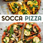 Two photo of gluten-free socca pizza with a text overlay for pinterest.