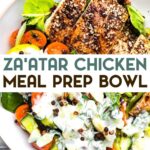 An overhead view of a za'atar chicken bowl with a text overlay for pinterest.