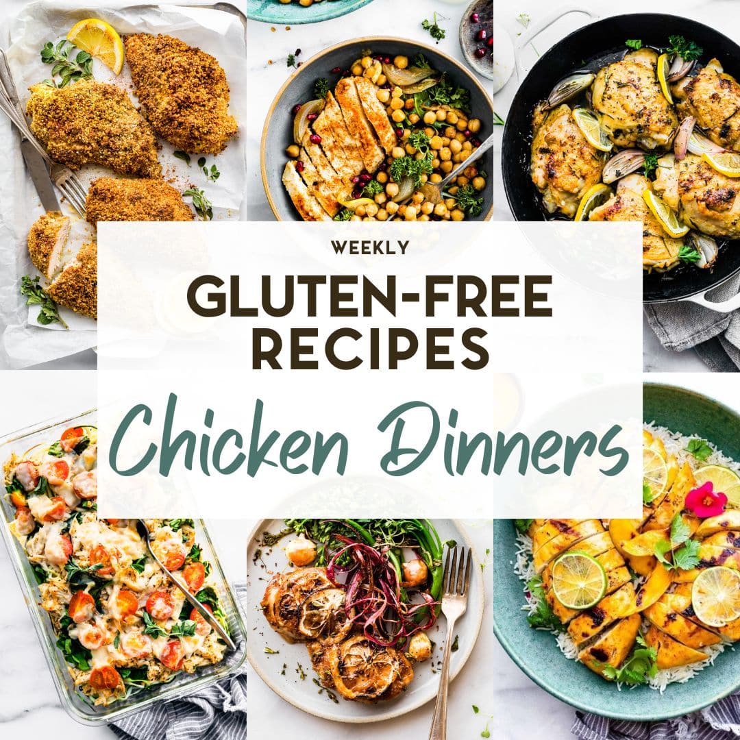 A grid of 6 photos of chicken dinners with a text overlay for pinterest.