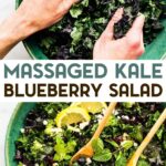 Two photos of Massaged Kale Blueberry Salad with a text overlay for pinterest.
