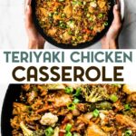 Two photos of gluten-free chicken teriyaki casserole with a text overlay for pinterest.