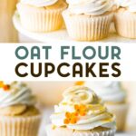 Two photos of vegan oat flour vanilla cupcakes with a text overlay for pinterest.