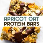 A photo of a No-Bake Apricot Oat Protein Bar with a text overlay for pinterest,