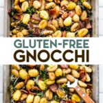 A photo of Gluten-Free Baked Gnocchi on a sheet pan with a text overlay for pinterest.