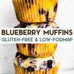 A photo of 3 stacked Gluten-Free Blueberry Muffins with a text overlay for pinterest.
