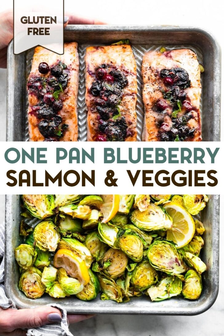A photo of Sheet Pan Blueberry Salmon and Veggies with a text overlay for pinterest.