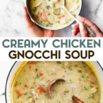 Two photos of Gluten-Free Chicken Gnocchi Soup with a text overlay for pinterest.