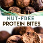 Two photos of Chocolate Nut-Free Protein Balls with a text overlay for pinterest.