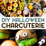 Two photos of a DIY Halloween Charcuterie Board with a text overlay for pinterest.
