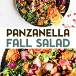 Two photos of Roasted Vegetable Panzanella Fall Salad with a text overlay for pinterest.