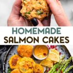 Two photos of gluten-free homemade salmon cakes with a text overlay for pinterest.