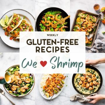 A photo grid of 6 Gluten-Free Shrimp Recipes photos with a text overlay.