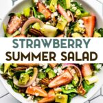 An overhead photo of a bowl of Summer Strawberry Salad sitting on a tiles surface with a text overlay for pinterest.