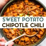 A photo of a hands holding a bowl of Chipotle Sweet Potato Chili with a text overlay for pinterest.