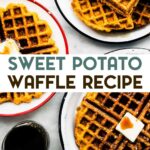An overhead photo of 3 plates with Gluten-Free Sweet Potato Waffles with a text overlay for pinterest.