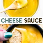 Two photos of vegan cheese sauce with text overlay for pinterest.