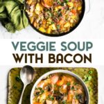 Two photos of Instant Pot Vegetable Bacon Soup with a text overlay for pinterest.
