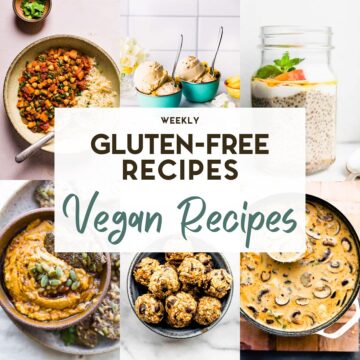 A photo grid of 6 Gluten-Free Vegan Recipes with a text overlay.
