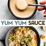 Two photos of Healthy Yum Yum Sauce with a text overlay for pinterest.