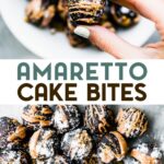 Two photos of Dark Chocolate Amaretto Cake Bites (No-Bake) with a text overlay for pinterest.