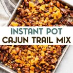 A photo of Sweet and Spicy Cajun Trail Mix on a sheet pan with a text overlay for pinterest.