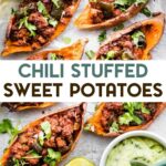 An overhead of a baking sheet with chili stuffed sweet potato skins and dipping sauce with a text overlay for pinterest.