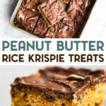 Two photos of Peanut Butter Rice Krispie Treats with a text overlay for pinterest.