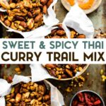 A photo of 3 bowls of Thai Curry Trail Mix with text overlay for pinterest.