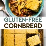 Two photos of gluten-free cornbread with a text overlay for pinterest.