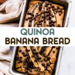 A photo of hands holding a metal loaf tin of Gluten-Free Quinoa Banana Bread with a text overlay for pinterest.