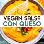 An overhead photo of a small bowl of Easy Vegan Salsa Con Queso with a text overlay for pinterest.