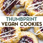 A photo of vegan and gluten-free raspberry thumbprint cookies with a text overlay for pinterest.