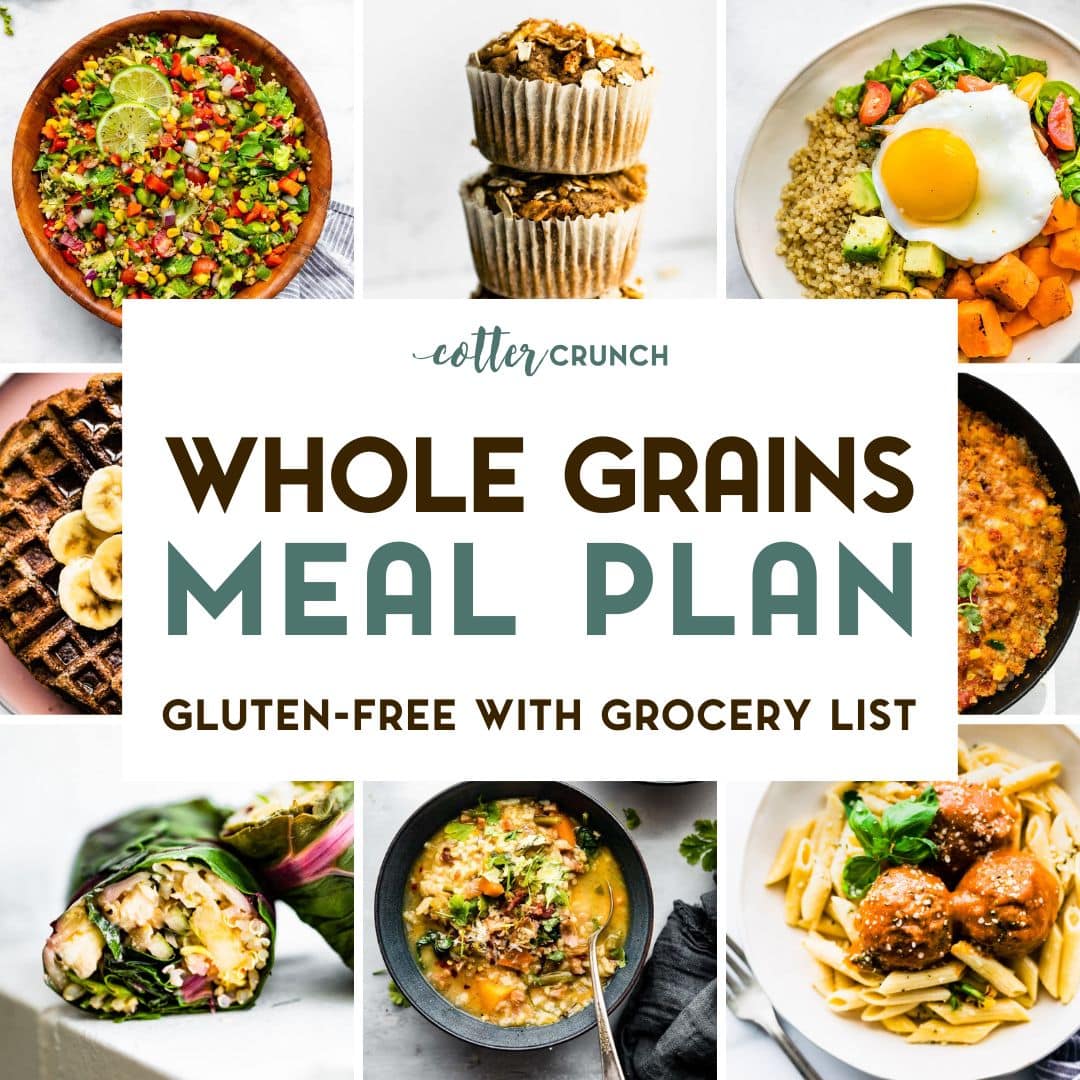A photo of 8 Gluten-Free Whole Grains Meal Plan Recipes with a text overlay.
