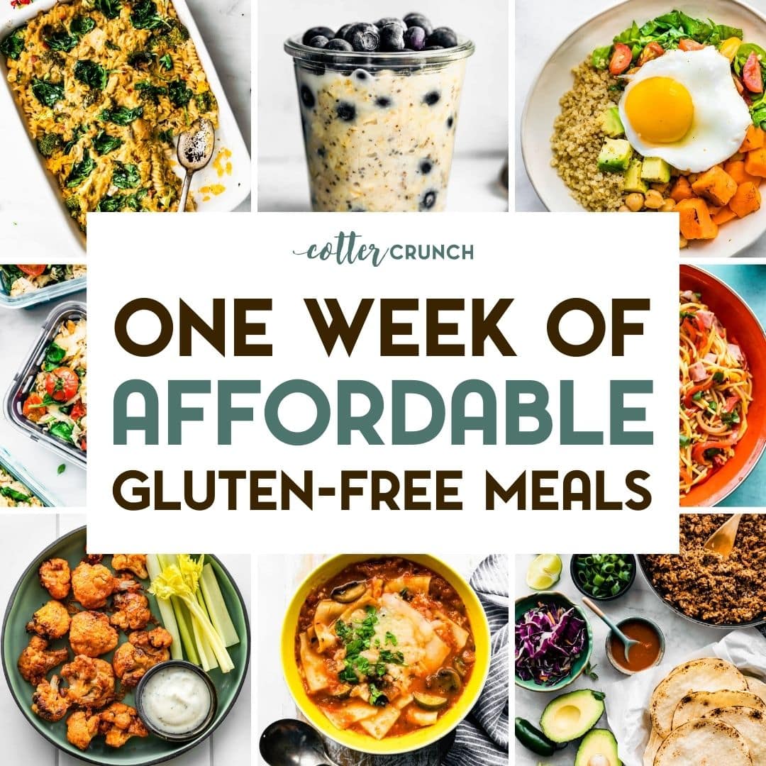 A grid of 8 gluten-free and budget-friendly recipes.