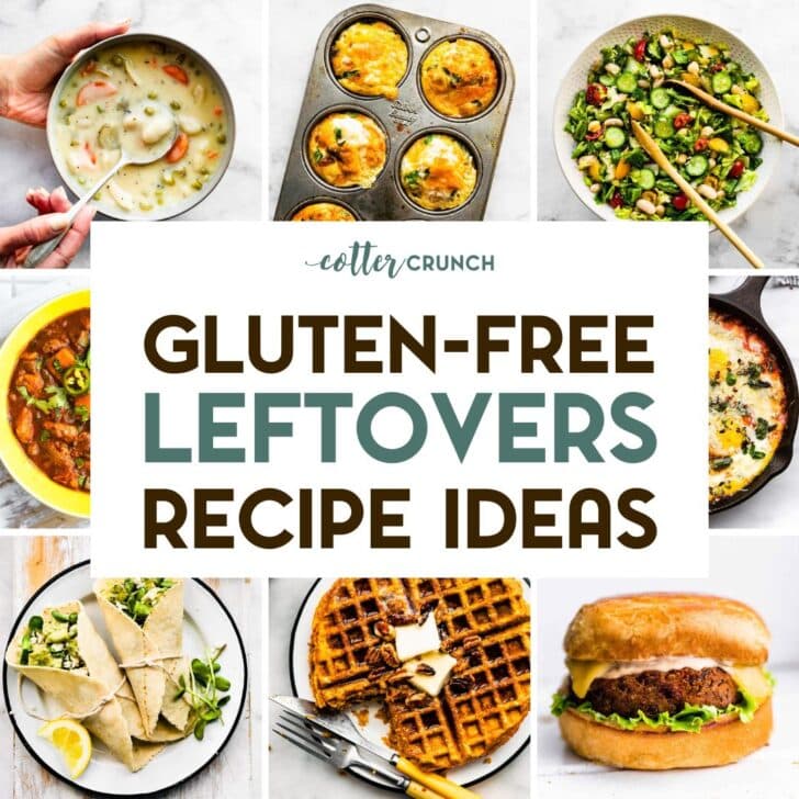 A photo grid of 8 gluten-free leftovers food photos with a text overlay.