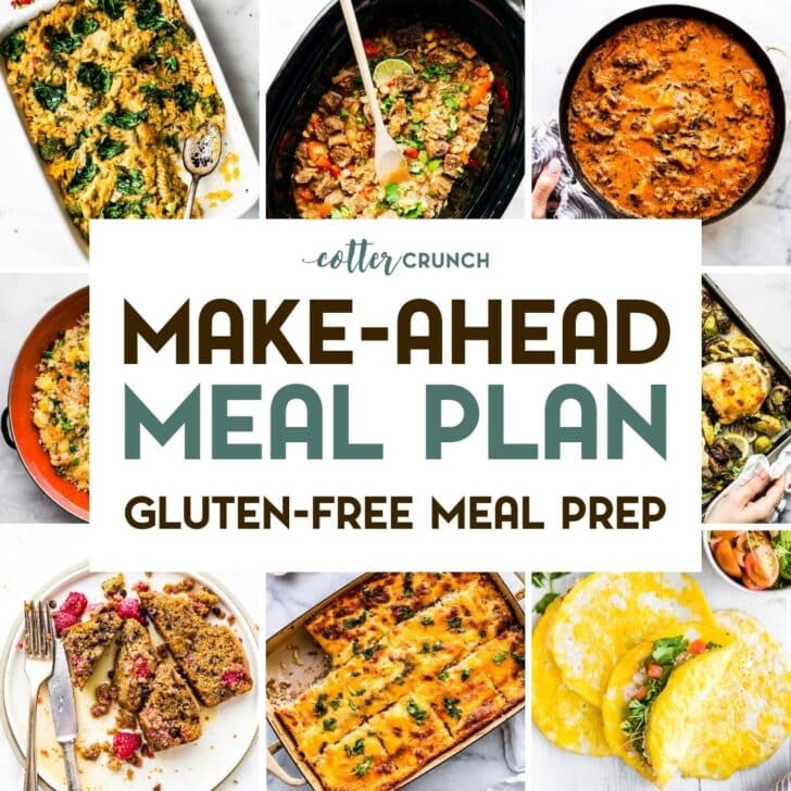 A photo grid of 8 gluten-free make-ahead food photos with a text overlay.