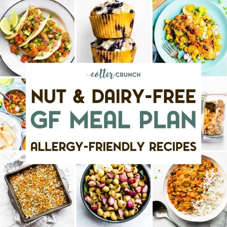 A photo grid of 6 Meal Plan for Nut and Dairy Allergies recipe photos with a text overlay.