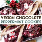 A photo of a Christmas gift tin filled with Vegan Chocolate Chunk Peppermint Cookies with a text overlay for pinterest.