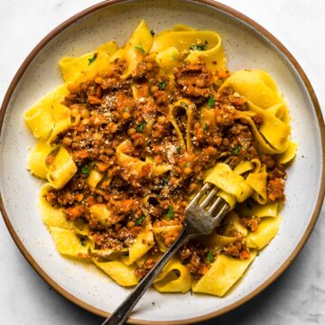 Shallow bowl of gluten-free pappardelle with lentil bolognese and a fork wrapped around pasta.