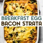 An overhead photo of a a gluten-free breakfast egg strata in a white casserole dish with a text overlay for pinterest.