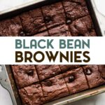 A square pan of baked brownies cut into even squares, with melted chocolate chips visible on top with a text overlay for pinterest.