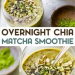 Two photos of chia matcha smoothies with a text overlay for pinterest.