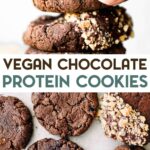 Two photos of Chocolate Vegan Protein Cookies with a text overlay for pinterest.