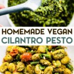 Two photos of Vegan Cilantro Pesto with a text overlay for Pinterest.