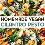 A photo of a veggie pizza with Vegan Cilantro Pesto with a text overlay for Pinterest.