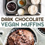 Two photos of Vegan Dark Chocolate Muffins with a text overlay for pinterest.
