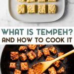 Two photos of tempeh with a text overlay for pinterest.