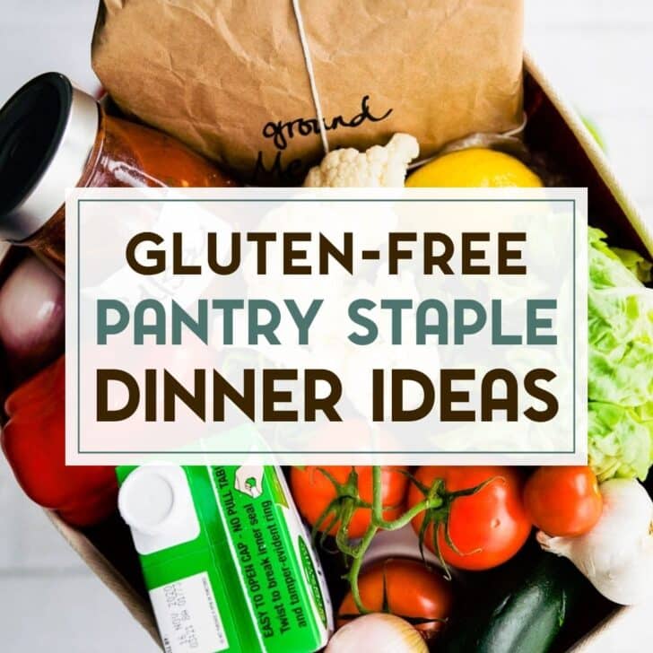 A paper grocery bag with pantry staples for gluten-free dinner ideas with a text overlay