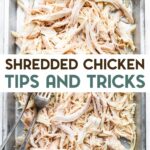 A photo of a sheet pan with shredded chicken and 2 forks with a text overlay for pinterest.